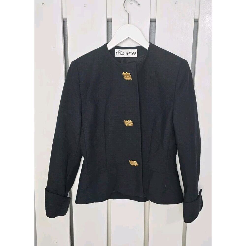 Ilie Wacs VTG Crop Blazer 8 Med Black Scallop Hem‎ Gold Buttons USA Old Money